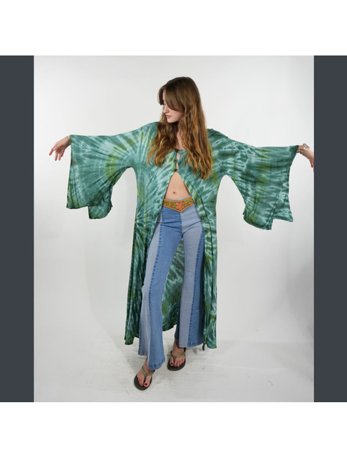 Women's Tie Dye Angle Cut Wide Sleeve 3 Button Long Duster w/ Bolt Embroidery & Pockets
