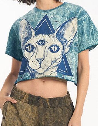 Women's Stonewashed Third Eye Cat Crop Top
