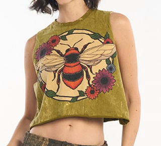 Women's Cotton Stonewash Sleeveless Bee Print Crop Top