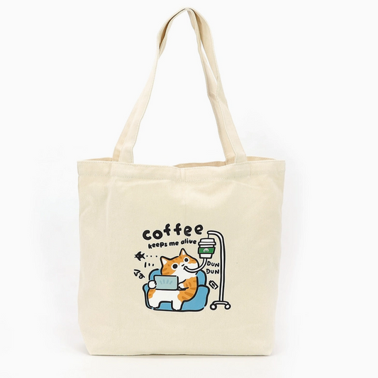 Coffee Cat Canvas Tote Bag