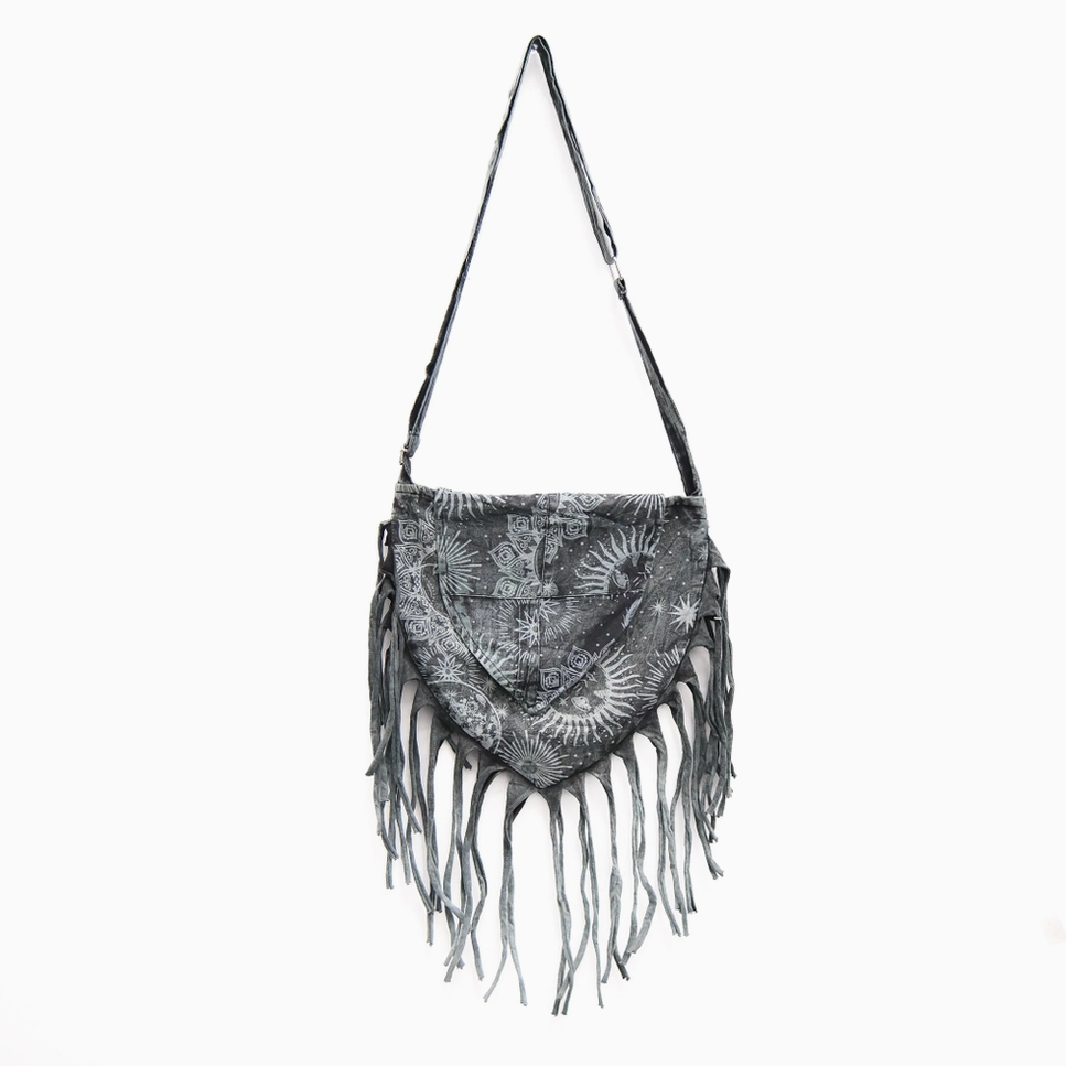 Celestial Print Stonewashed Crossbody Fringe Bag