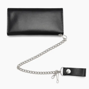 Genuine Leather Black Tri-Fold Biker Wallet with Chain