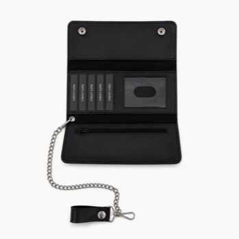 Genuine Leather Black Tri-Fold Biker Wallet with Chain