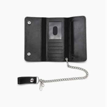 Genuine Leather Black Tri-Fold Biker Wallet with Chain