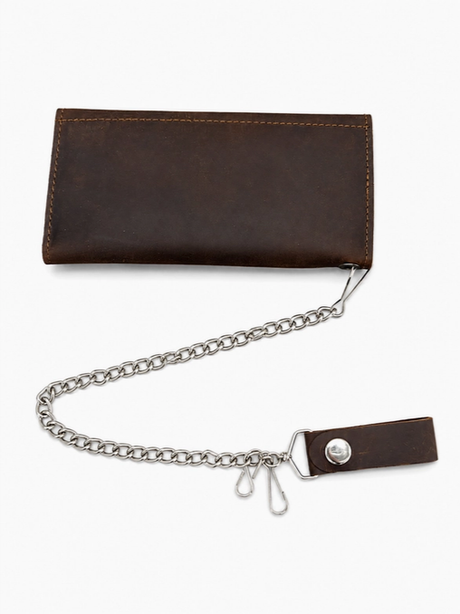 Genuine Leather Black Tri-Fold Biker Wallet with Chain