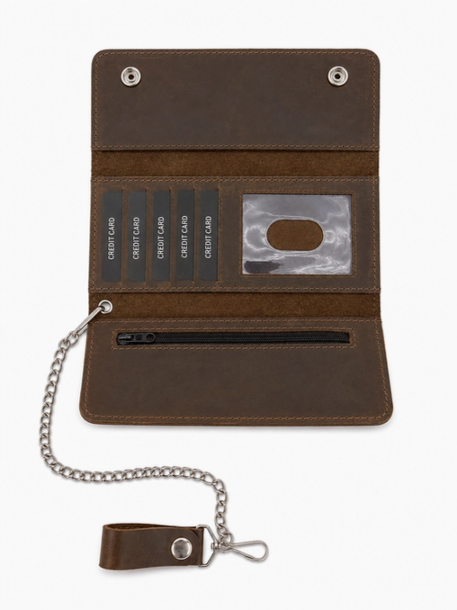 Genuine Leather Tri-Fold Biker Wallet with Chain