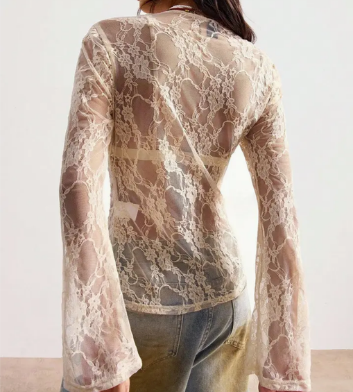 Women's Lace V Neck Bell Sleeve Blouse