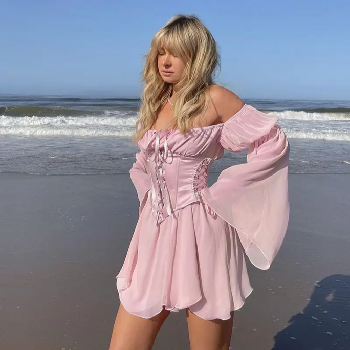 Women's Off Shoulder Chiffon Long Sleeve Dress