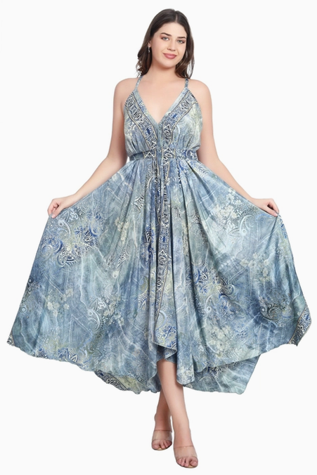 Women's Boho Paisley Handkerchief Midi Dress