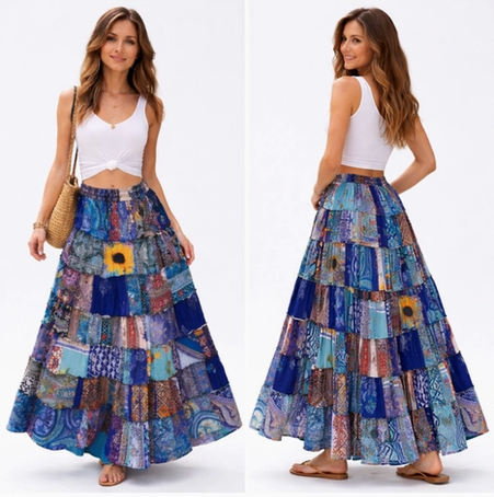 Women's Boho Patchwork Maxi Skirt