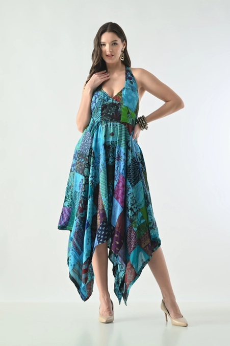 Women's Patchwork Handkerchief Midi Dress