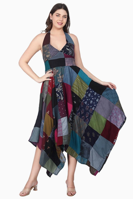 Women's Patchwork Handkerchief Midi Dress
