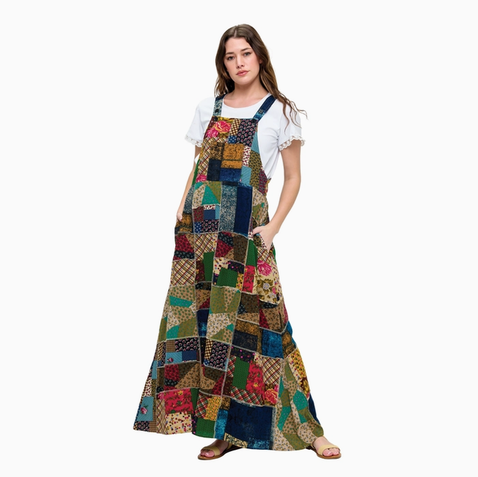 Women's Floral Patchwork Overall Maxi Dress
