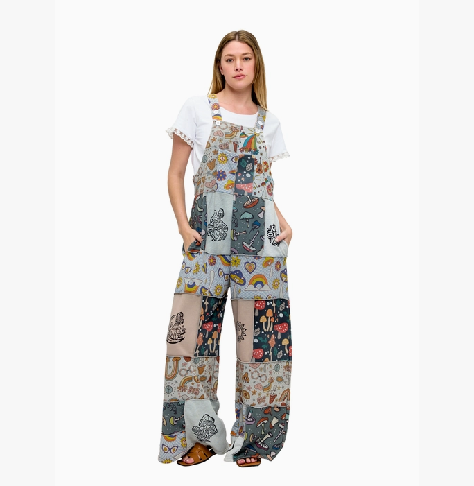 Women's Mushroom Patchwork Overalls