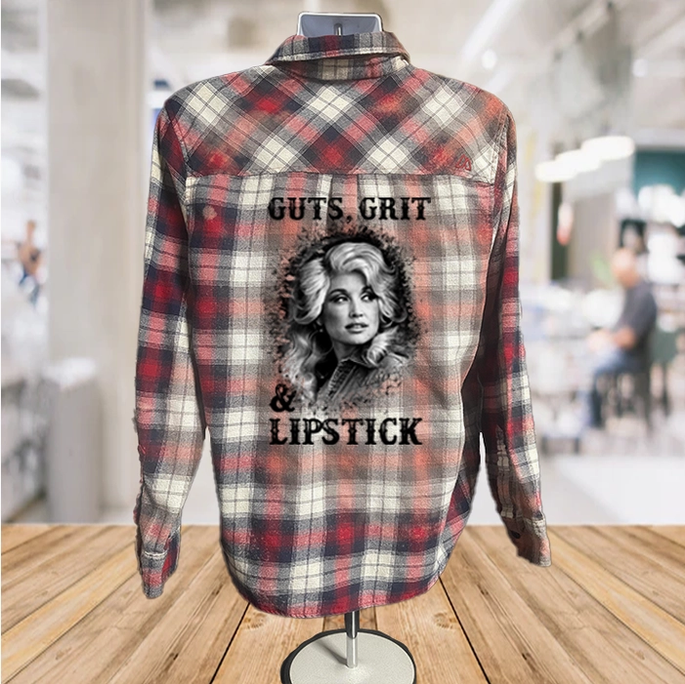Unisex Dolly Parton Guts, Grit and Lipstick Bleached Flannel