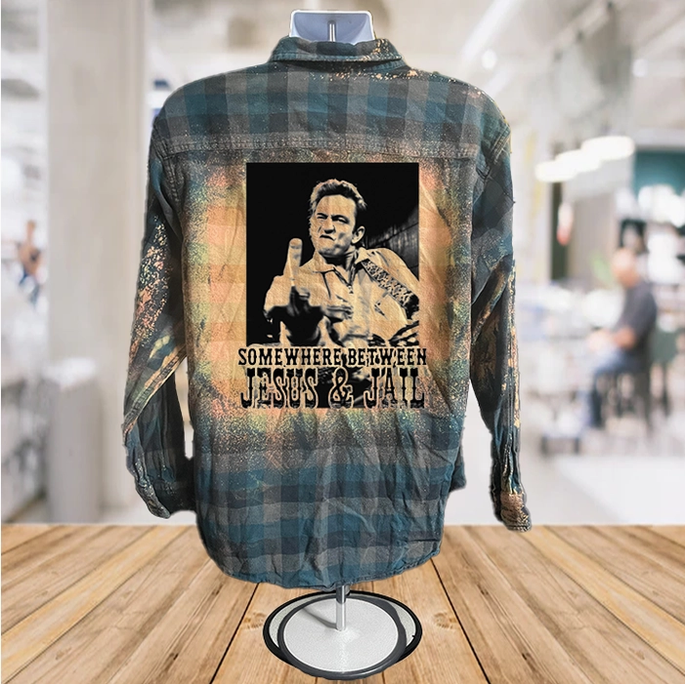 Unisex Johnny Cash Jesus and Jail Bleached Flannel