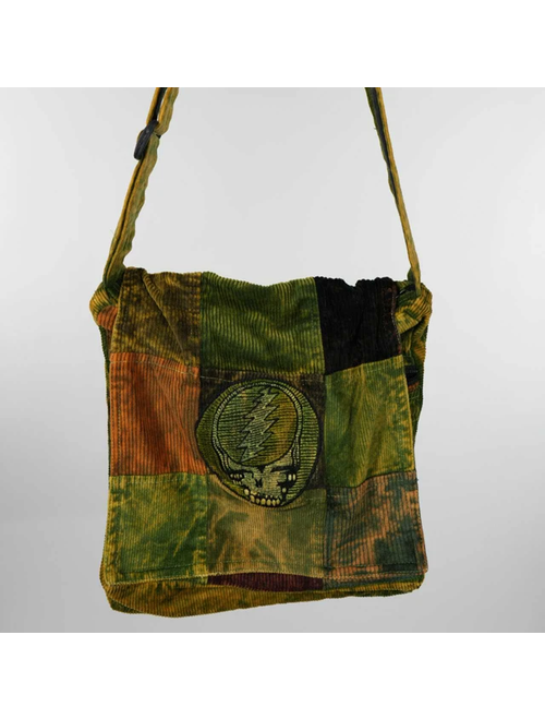 Stonewash Patchwork Corduroy Square Flap Shoulder Bag w/  Grateful Dead Embroidery