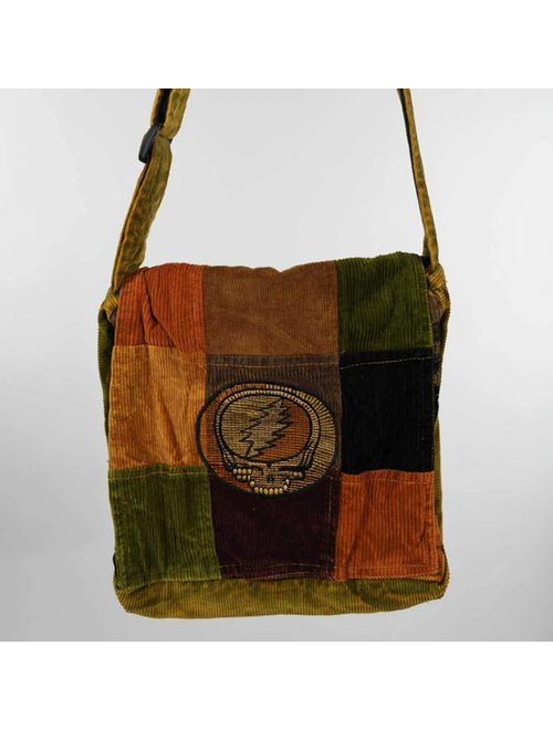 Stonewash Patchwork Corduroy Square Flap Shoulder Bag w/  Grateful Dead Embroidery