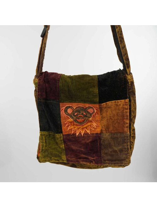 Stonewash Patchwork Corduroy Square Flap Shoulder Bag w/  Grateful Dead Embroidery