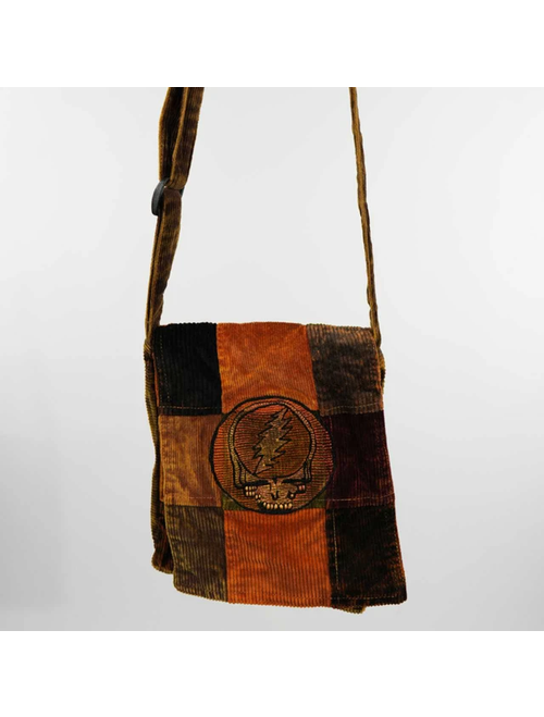 Small Stonewash Patchwork Corduroy Square Flap Shoulder Bag w/  Grateful Dead  Embroidery