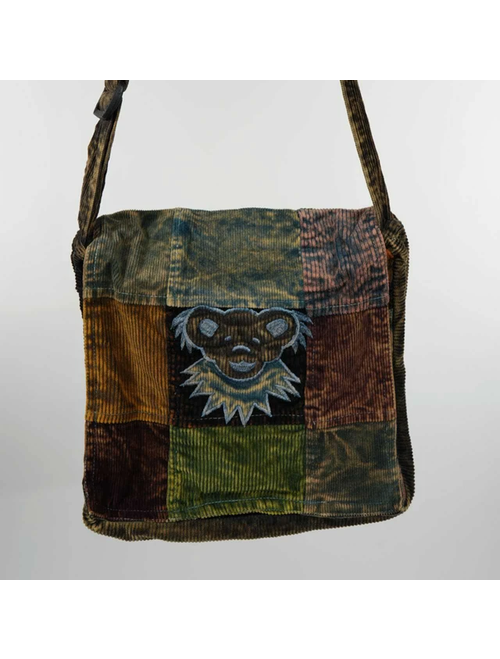 Small Stonewash Patchwork Corduroy Square Flap Shoulder Bag w/  Grateful Dead  Embroidery