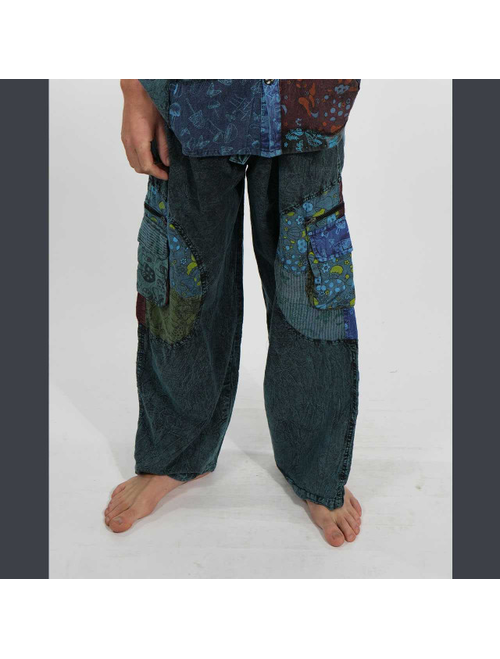 Men's Cotton Stonewash Elastic Drawstring Mushroom Print Patchwork 7 Pocket Men's Pants