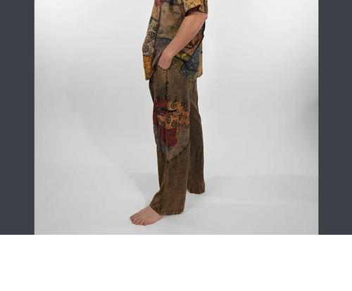 Men's Cotton Stonewash Elastic Drawstring Mushroom Print Patchwork 7 Pocket Men's Pants