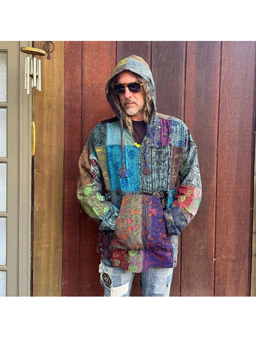 Unisex Cotton Patchwork Mushroom Print Pullover Hoodie