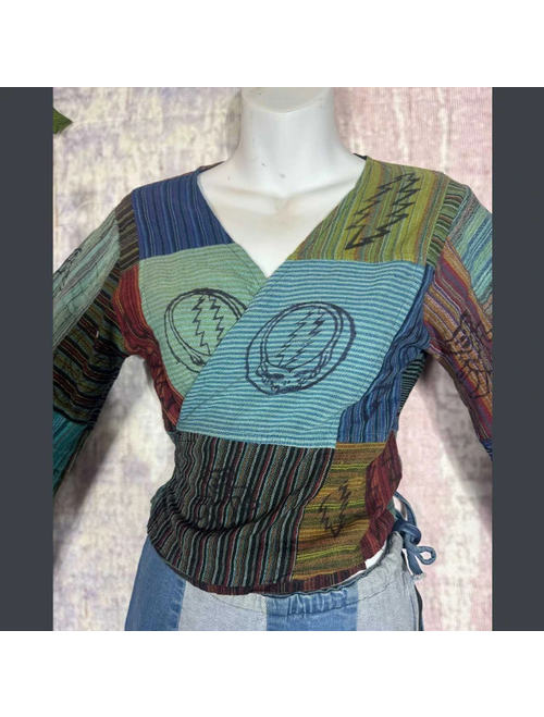 Grateful Dead Block Prints Cotton Patchwork Wide Sleeve Wrap Top