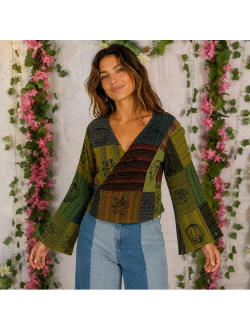 Grateful Dead Block Prints Cotton Patchwork Wide Sleeve Wrap Top