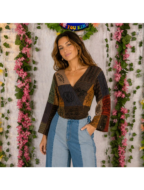 Grateful Dead Block Prints Cotton Patchwork Wide Sleeve Wrap Top