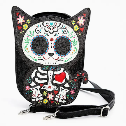 Floral Sugar Skull Cat Shoulder Crossbody Bag