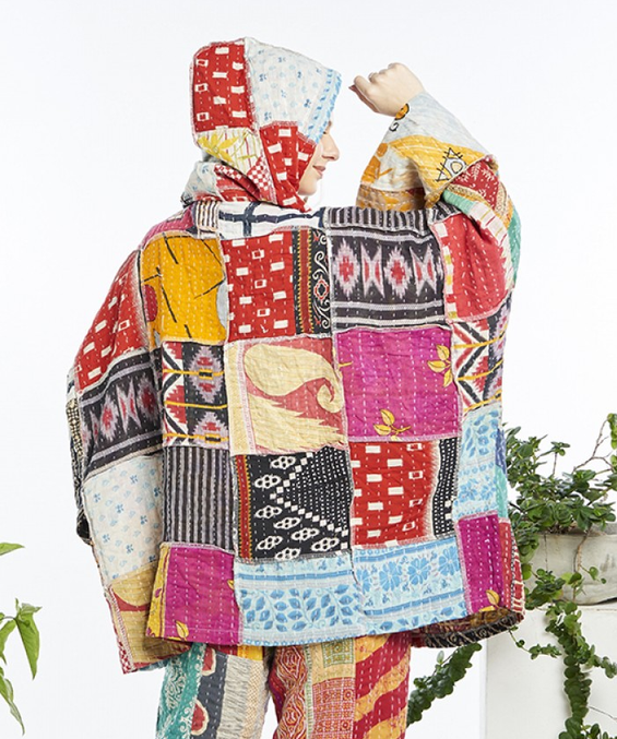 Women's Kantha Cotton Patchwork Loose-Fit Hooded Jacket