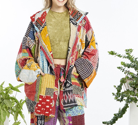 Women's Kantha Cotton Patchwork Loose-Fit Hooded Jacket