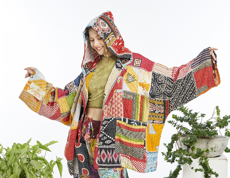 Women's Kantha Cotton Patchwork Loose-Fit Hooded Jacket