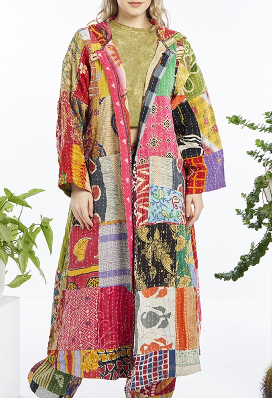 Women's Kantha Cotton Long-Sleeve Maxi Hooded Jacket