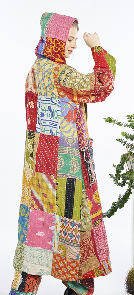 Women's Kantha Cotton Long-Sleeve Maxi Hooded Jacket