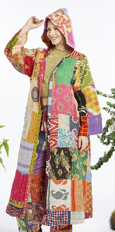 Women's Kantha Cotton Long-Sleeve Maxi Hooded Jacket
