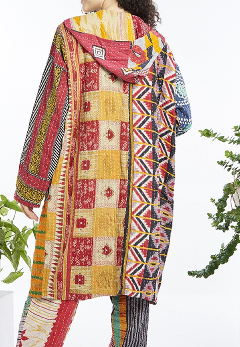 Women's Kantha Cotton Long-Sleeve Patchwork Hooded Jacket