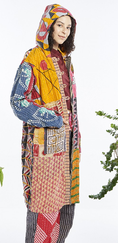 Women's Kantha Cotton Long-Sleeve Patchwork Hooded Jacket