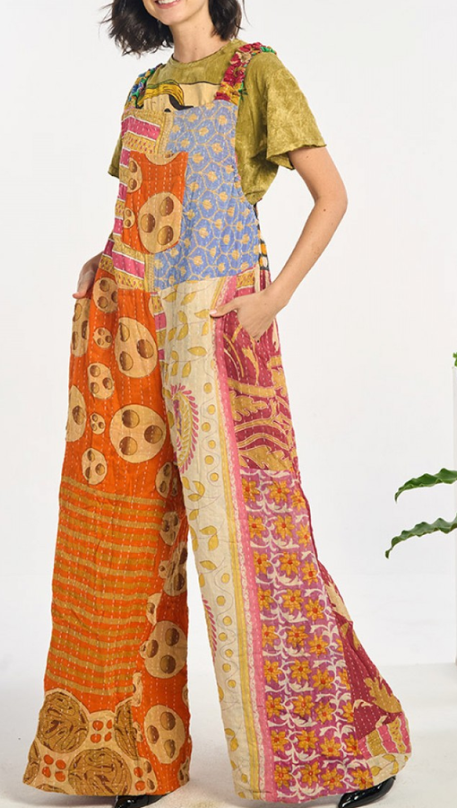 Women's Kantha Cotton Patchwork Wide Panel Jumpsuit