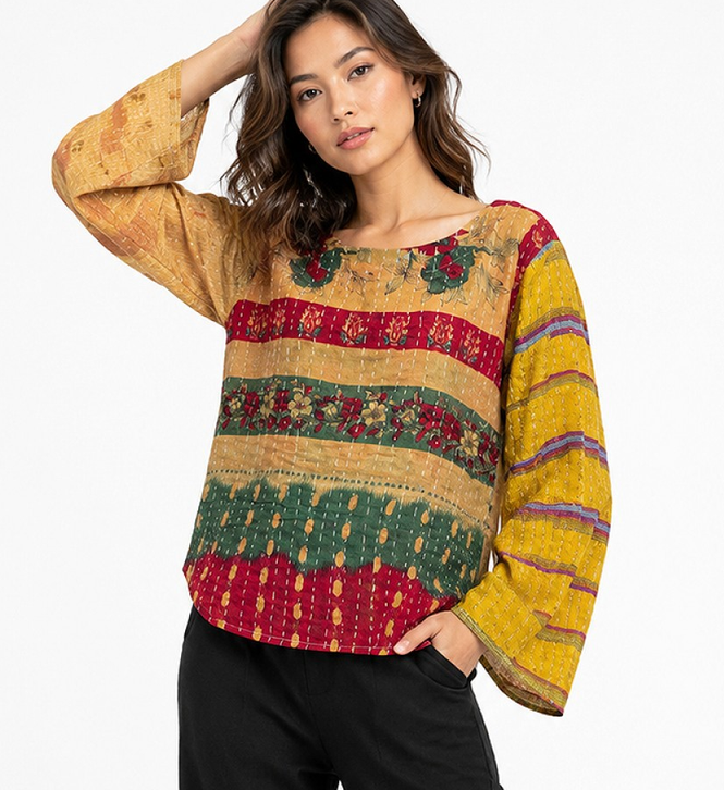 Women's Kantha Cotton Bell Long-Sleeve Top