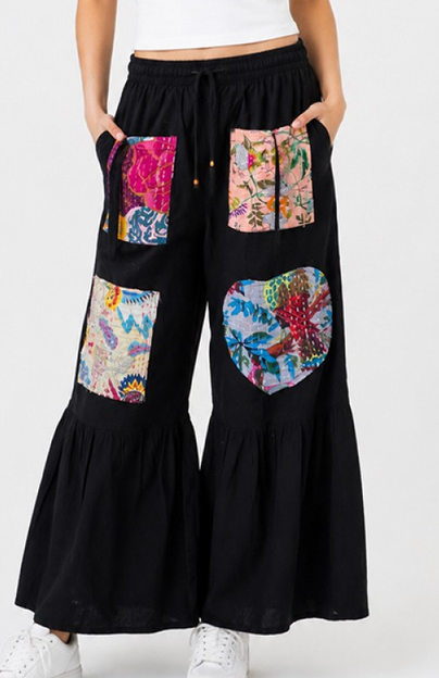 Women's Cotton Drawstring Patchwork Pocket Bell Bottom Pants