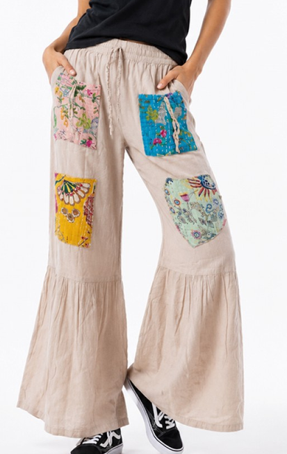 Women's Cotton Drawstring Patchwork Pocket Bell Bottom Pants