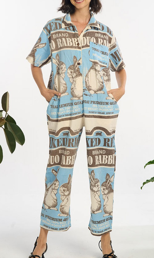 Women's Cotton Vintage Rice Sack Print Collar Button Overalls