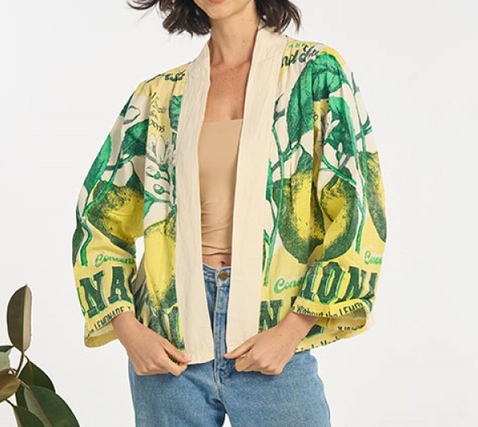 Women's Cotton Vintage Rice Sack Print Long-Sleeve Open Short Cardigan