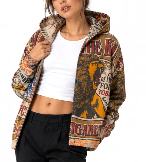 Women's Cotton Vintage Sack Print Open Hooded Jersey Cardigan