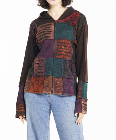 Women's Cotton Patchwork Mushroom Print Hooded Jacket