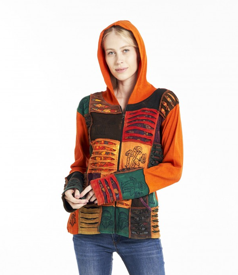Women's Cotton Patchwork Mushroom Print Hooded Jacket