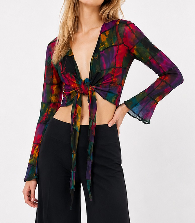 Women's Rayon Spandex Tie-Dye Reverse Stich Square Patchwork Front-Tie Crop Top